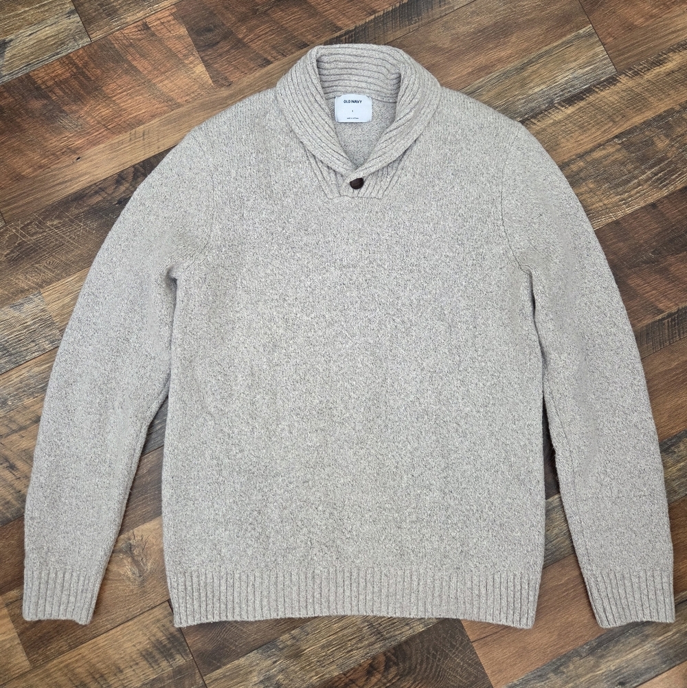 Old Navy Beige Cotton Blend Shawl Collar Knit Sweater, Size Large